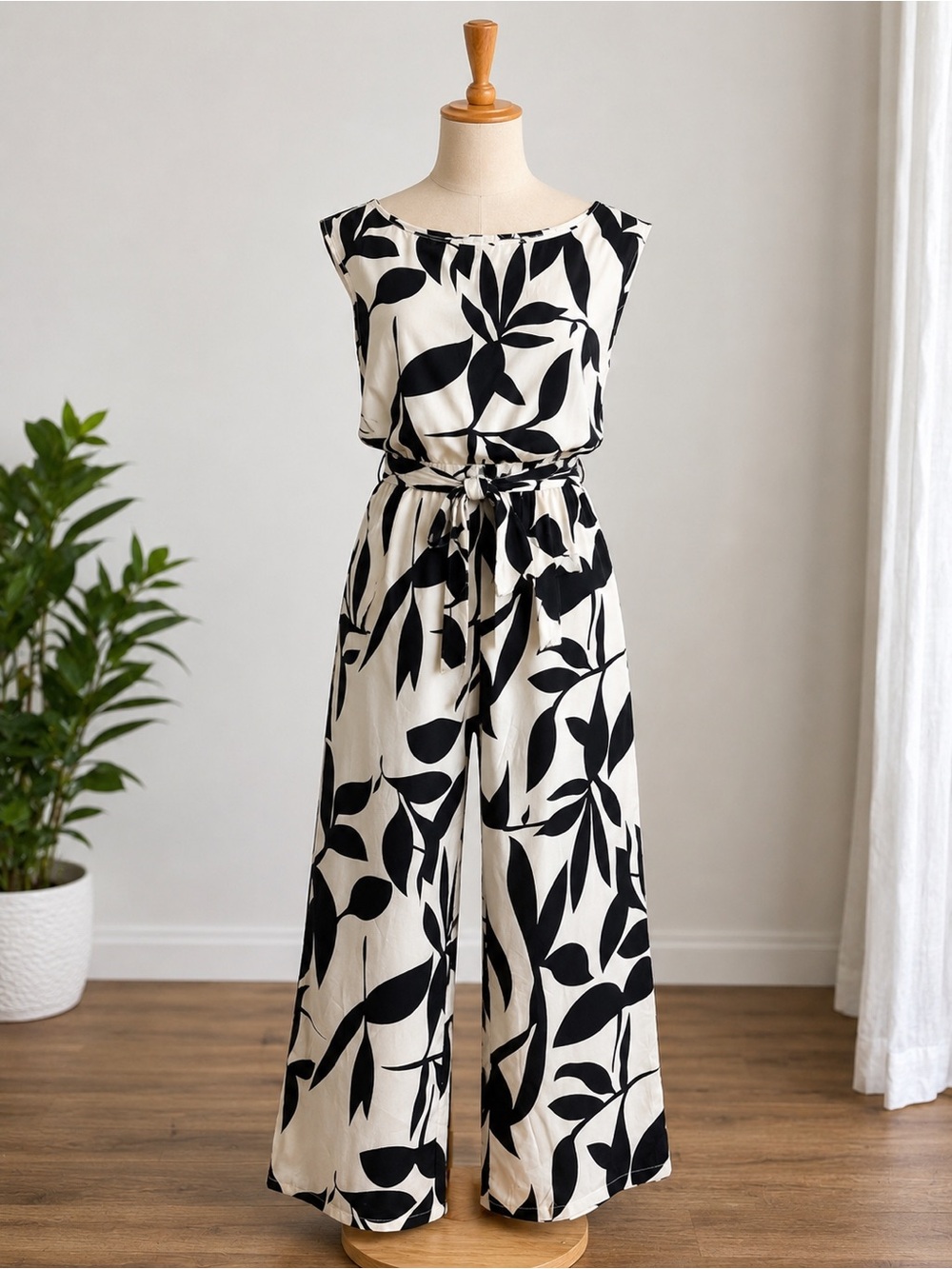 Wide-Leg Black & White Leaf Print Jumpsuit
